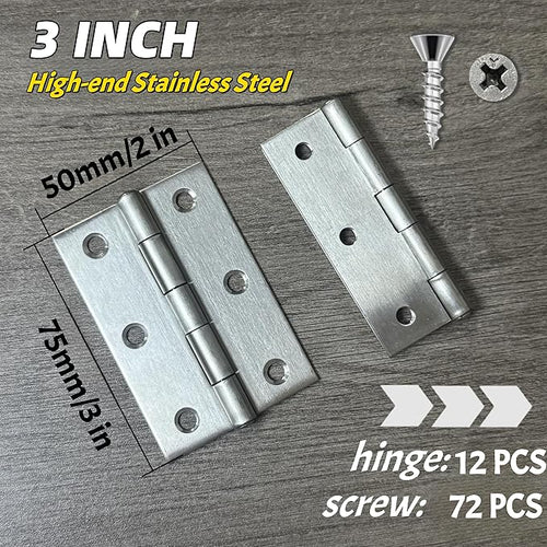 12 PCS 3 inch Stainless Steel Butt Door Hinges with Screws, Brushed/Satin Finish, 1.3mm Thick Small Cabinet & Box Hinges, Silver