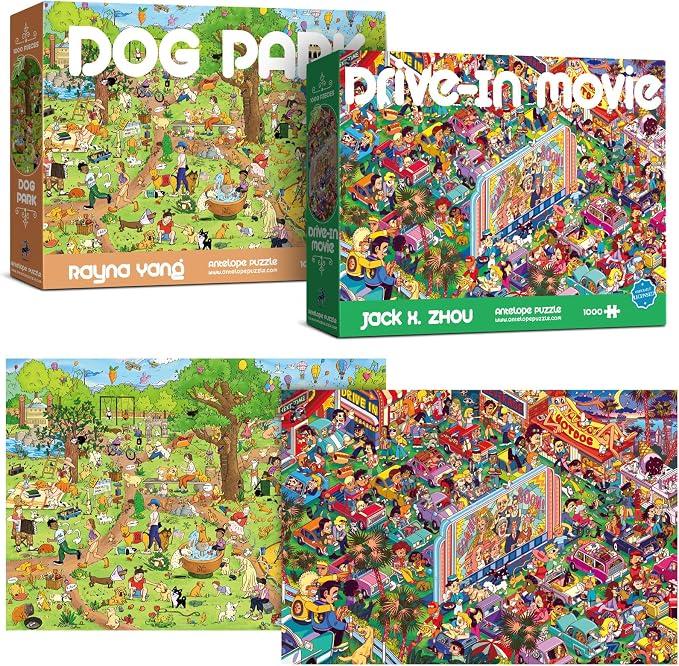 Antelope 2 in 1 1000 Piece Puzzle Bundle - Dog Park & Drive In Movie