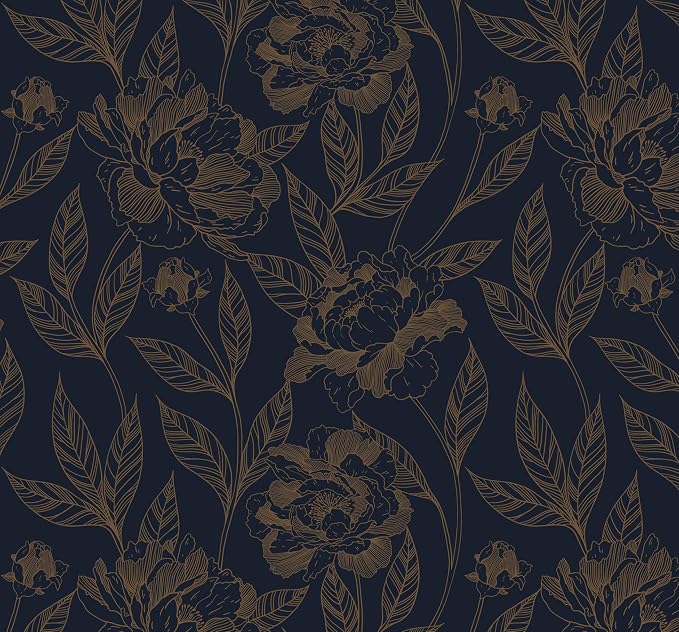 Timeet Peel and Stick Wallpaper Gold and Blue Floral Wall Paper for Bedroom Removable Self Adhesive Elegant Contact Paper Decor 17.7In × 197In