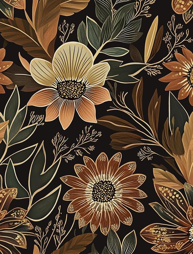 Boho Dark Black Gold Floral Wallpaper Peel and Stick 17.5"x787" | Self Adhesive/Removable/Waterproof/Thick Vinyl Extra Long Contact Paper for Bathroom Bedroom Shelf Cabinet Drawer,Prepasted