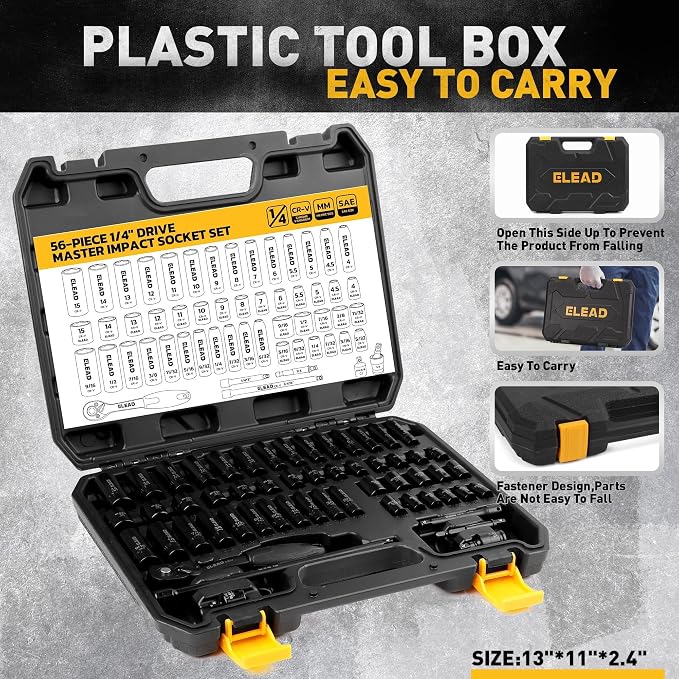 1/4" Drive Impact Socket Set, 56-Piece Standard SAE (5/32 to 9/16 inch) and Metric (4-15mm) Size, Deep & Shallow, 6 Point, Cr-V, 72-Tooth Ratchet Handle, Extension Bar, Universal Joint