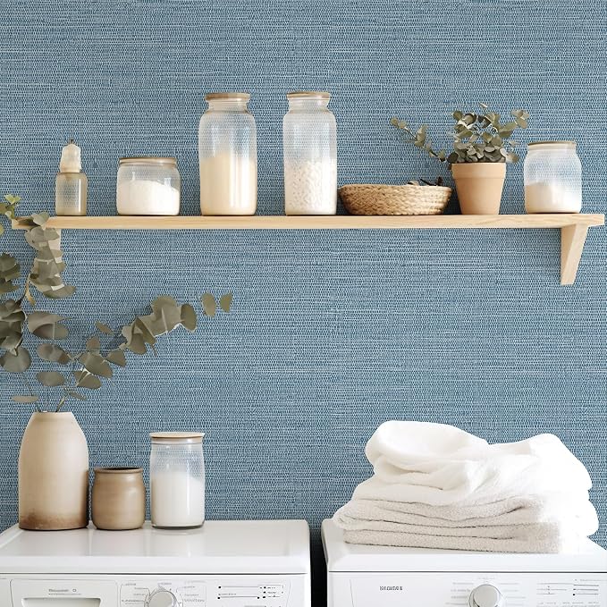 JiffDiff Grasscloth Wallpaper Peel and Stick 1181" x 17.3" Blue Cream Grassweave Stick on Wallpaper Textured Self Adhesive Wall Paper Contact Paper