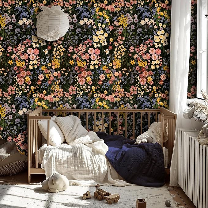 Vintage Floral Peel and Stick Wallpaper for Bedroom,Cabinets 17.3" x 118" | Textured Vinyl Contact Paper Self Adhesive Removable Waterproof Black/Green/Pink Stick on Wall paper for Kitchen Bathroom