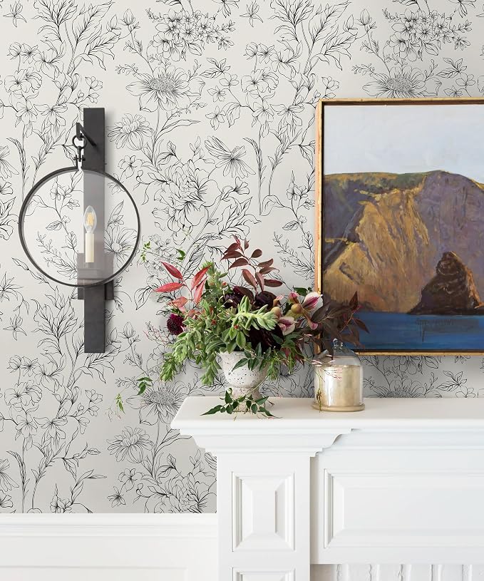 Hopepak Black and Cream White Wallpaper Floral Peel and Stick Wallpaper 17.3" x 78.7" Self Adhesive Removable Vintage Wall Paper for Bedroom Flower Boho Contact Paper for Cabinets Drawers Vinyl