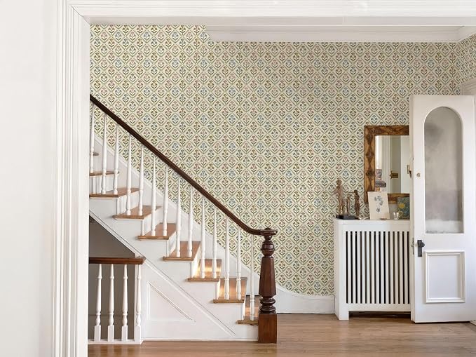 Dimoon Vintage Peel and Stick Wallpaper Retro Botanical Contact Paper Farmhouse Wallpaper Cottage Renter Friendly Removable Geometric Wall Paper for Bathroom Kitchen Textured Vinyl 17.3''x197''