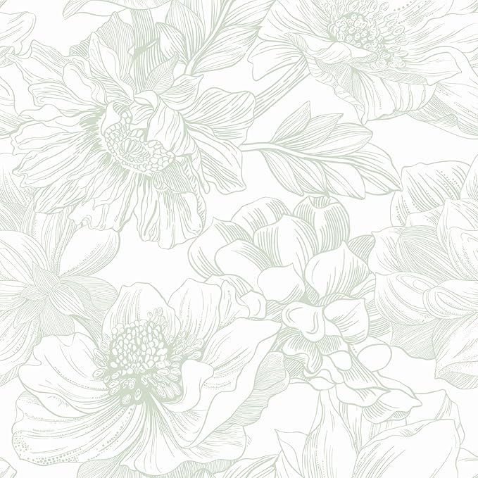393"x17.3" Peel and Stick Wallpaper Green Floral Wallpaper White Boho Modern Contact Paper Removable Self Adhesive Flower Wall Paper for Kitchen Bathroom Bedroom Cabinets Thicken Vinyl Roll