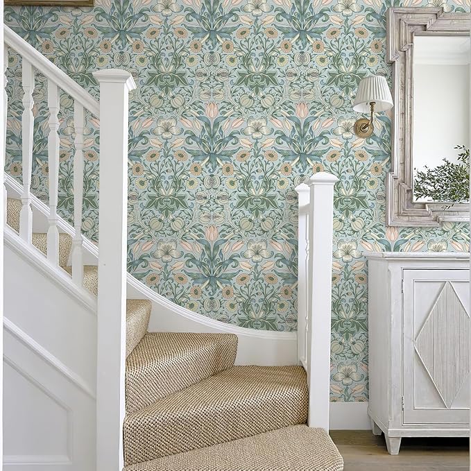 HueBurst 17.3"x394" Peel and Stick Vintage Floral Contact Paper Blue Background Pink Pomegranate Flower William Morris Wallpaper Self Adhesive Wall Paper Removable