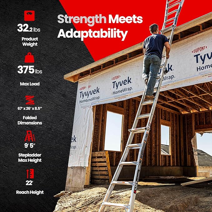 Lift Ladders 22 Foot Reach Adjustable 5 in 1 Multi Position Lightweight Aluminum Step Ladder with Armored J Locks and 375 Pound Capacity, Silver