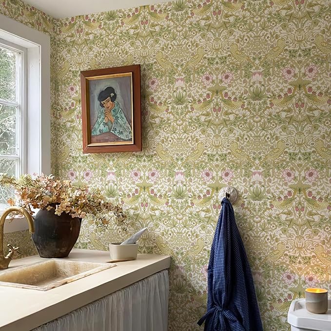 HueBurst 17.7x394 in White Peel and Stick Floral Wallpaper Flower/Strawberry/Bird William Morris Vintage Wallpaper Self Adhesive Contact Paper Removable Wall Paper for LivingRoom Bedroom Kitchen Decor