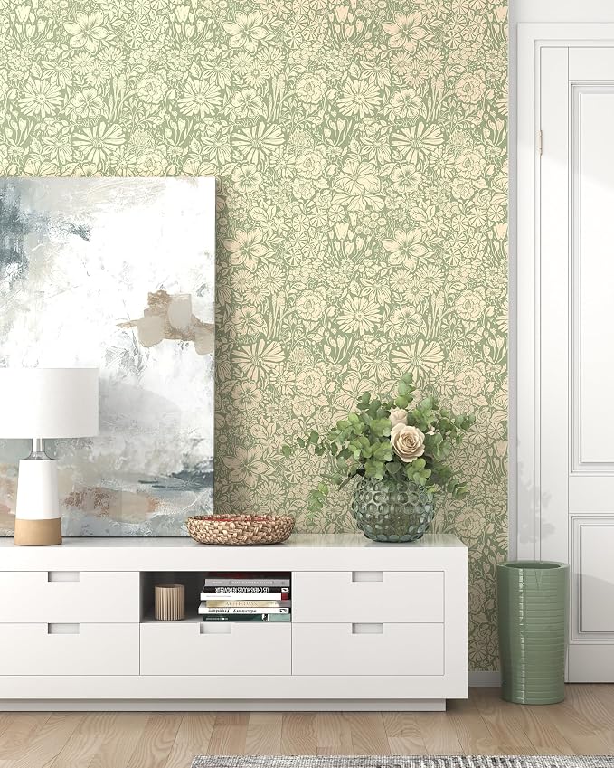 Floral Wallpaper Peel and Stick Wallpaper Boho 17.3''×393'' Self Adhesive Wall Paper Green and Beige Contact Paper Removable Modern Wallpapers Decorative for Bedroom Bathroom Cabinets Decor Vinyl