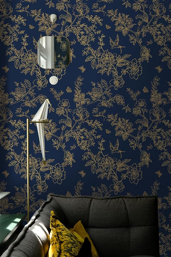 Froluya Dark Blue and Gold Vintage Floral Peel and Stick Wallpaper 17.7"x393.7" Dark Blue Floral Wallpaper Peel and Stick Removable Self Adhesive Wall Paper for Bathroom Bedroom Decorative Vinyl