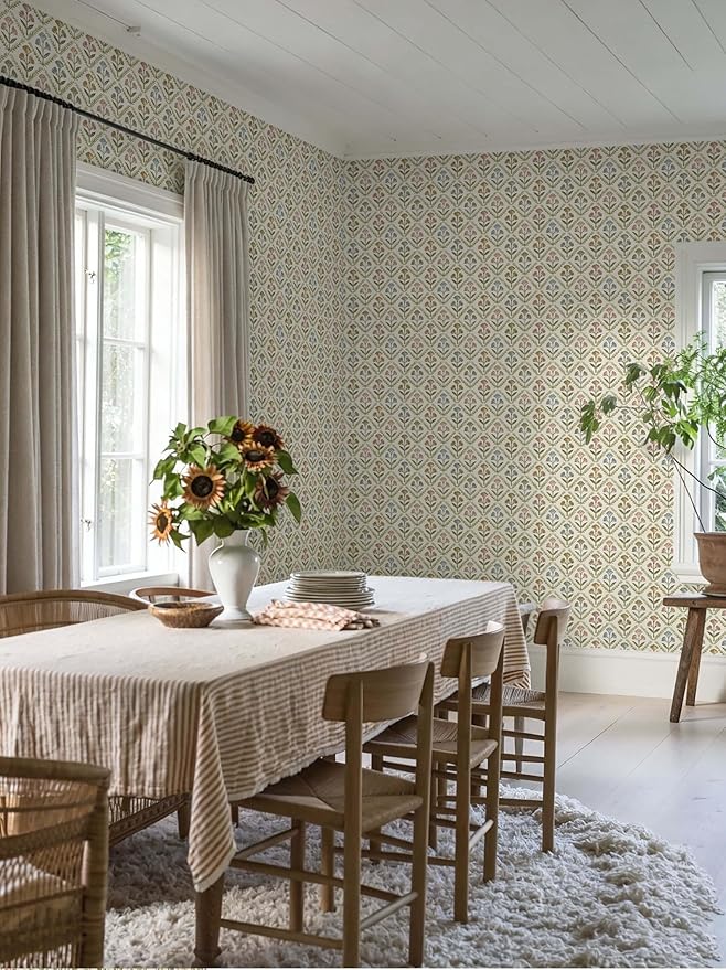 Dimoon Vintage Peel and Stick Wallpaper Retro Botanical Contact Paper Farmhouse Wallpaper Cottage Renter Friendly Removable Geometric Wall Paper for Bathroom Kitchen Textured Vinyl 17.3''x197''