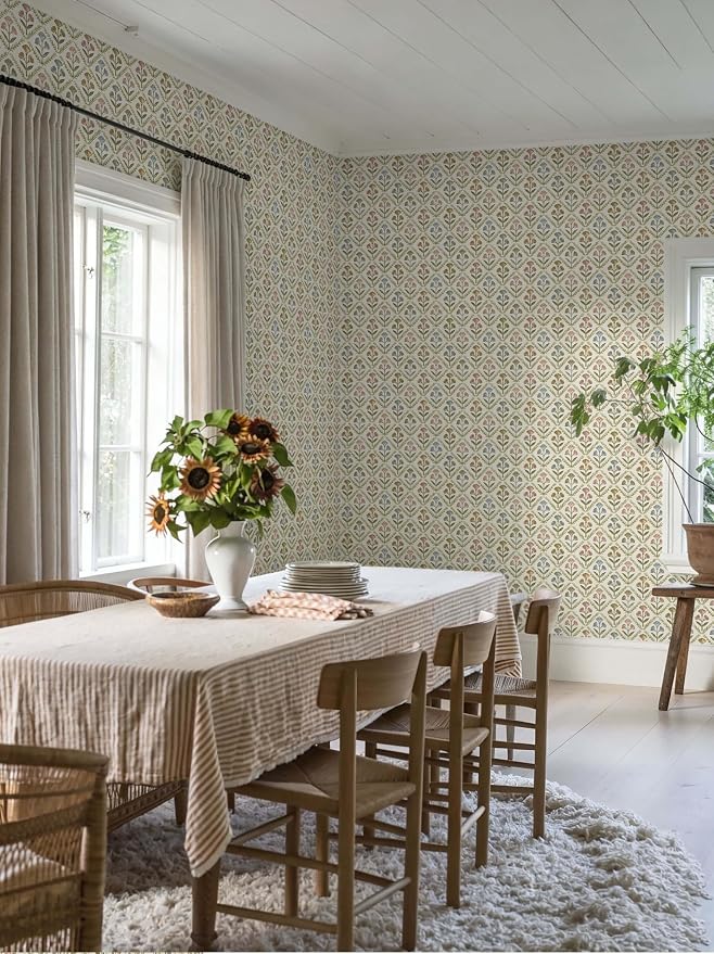 Dimoon Vintage Peel and Stick Wallpaper Retro Botanical Contact Paper Farmhouse Wallpaper Cottage Renter Friendly Removable Geometric Wall Paper for Bathroom Kitchen Textured Vinyl 17.3''x394''