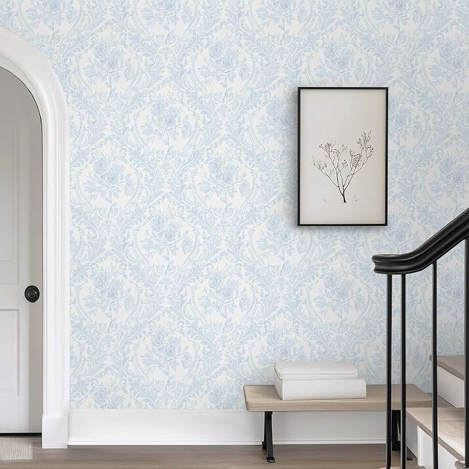 Ismoon Floral Peel and Stick Wallpaper Blue Contact Paper Boho Watercolor Damask Wallpaper Vintage Textured Removable Self Adhesive Vinyl Wall Paper Renter Friendly, 17.3 in X 32.7 ft