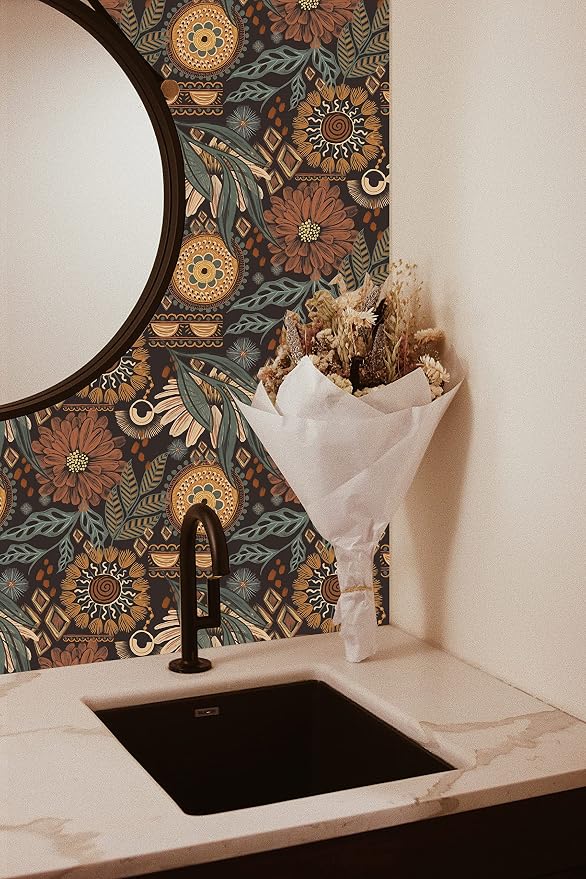 Boho Floral Peel and Stick Wallpaper Vintage Botanical Brown DIY Decor | oho Floral Peel and Stick Wallpaper Vintage Botanical Brown DIY Decor