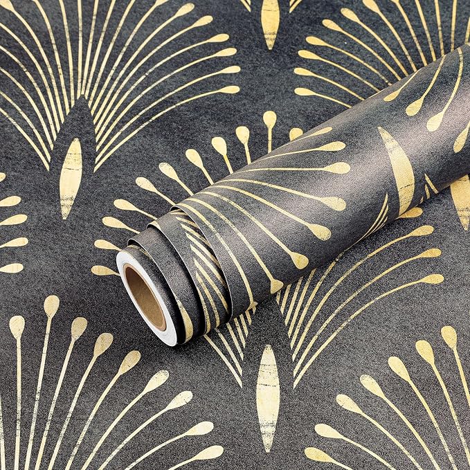 Livelynine 17.5x591 Dark Art Deco Wallpaper Black and Gold Abstract Wallpaper Peel and Stick Removable Peacock Feather Contact Paper Vinyl Luxury Metallic Geometric Modern Accent Wall Decoration