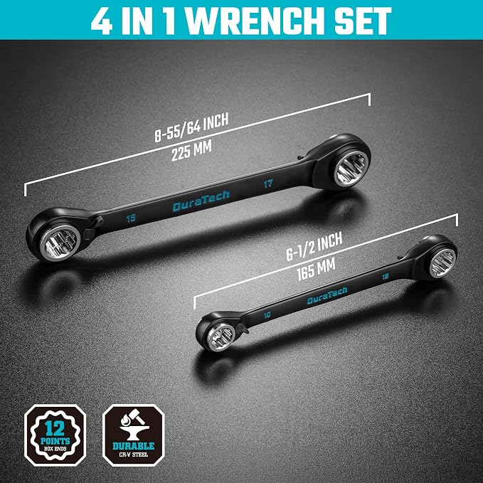 DURATECH 4-in-1 Reversible Ratcheting Box Wrench Set, Metric, 2 Pcs, Black | Double Box End, 8mm, 10mm, 12mm, 13mm & 14mm, 15mm, 17mm, 19mm, CR-V Steel, Black Electrocoat, Rolling Pouch