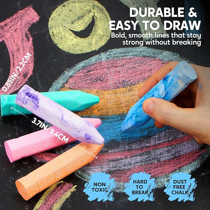 JOYIN 72 PCS Washable Sidewalk Chalk, 12 Packs Total, 3 Styles (Tie-Dye, Glitter & Neon), Outdoor Chalks for Painting, Drawing, Gifts for Kids