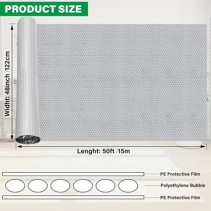 winemana Window Insulation Roll 48IN x 50FT Reflective Heat Shield Bubble Film Double-Sided Aluminum Foil Insulation Weatherproof Garage Door Cover for Windows RV Basement Winter Summer