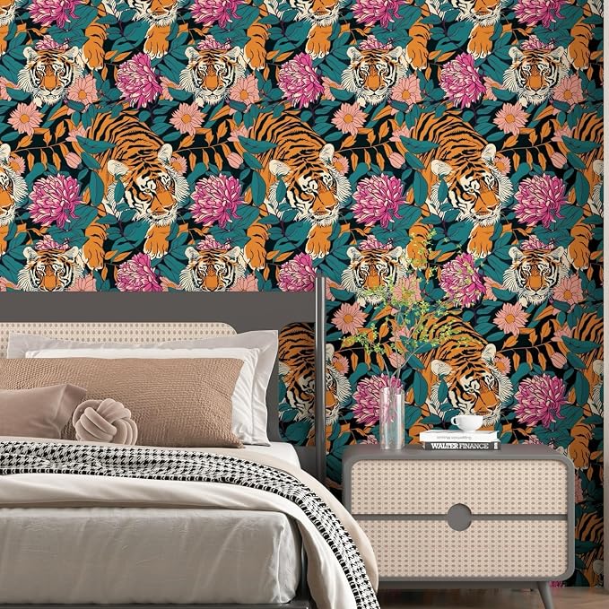 BOKEBEVE Tiger Floral Wallpaper Peel n Stick Vintage Orange 17.5 x 393.5In | Extra Long Removable Renter Friendly Jungle Tiger Wall Paper for Bedroom Bathroom Living Room Feature Accent Wall