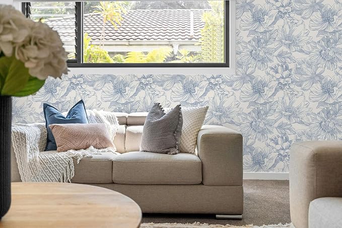 Ismoon Vintage Floral Wallpaper Peel and Stick Beige and Blue Contact Paper 17.3inx32.75ft Removable Self Adhesive Wall Paper for Bathroom Bedroom Cabinet Mural Wall Decor Vinyl Renter Friendly