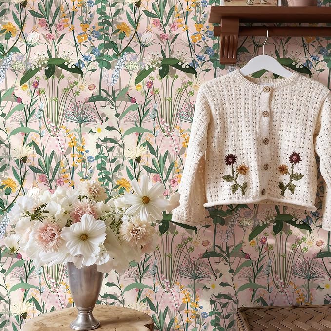 JiffDiff Floral Wallpaper Peel and Stick 17.3"x472" Pink Farm Wildwood Stick on Wallpaper for Home Bedroom Cabinets Thicken Self Adhesive Contact Paper
