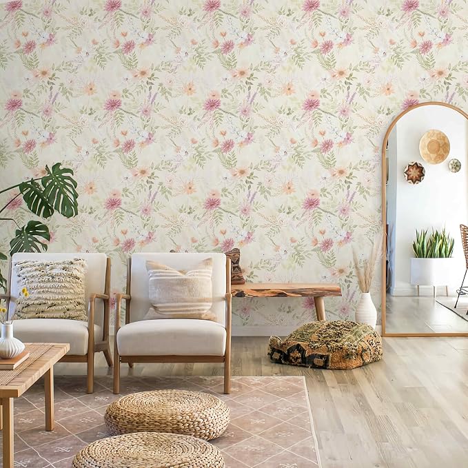 Dimoon Floral Peel and Stick Wallpaper Beige Boho Neutral Cottage Contact Paper Bathroom Cabinets Farmhouse Wall Paper Renter Friendly Removable Waterproof Kitchen Vinyl 197''x17.3''