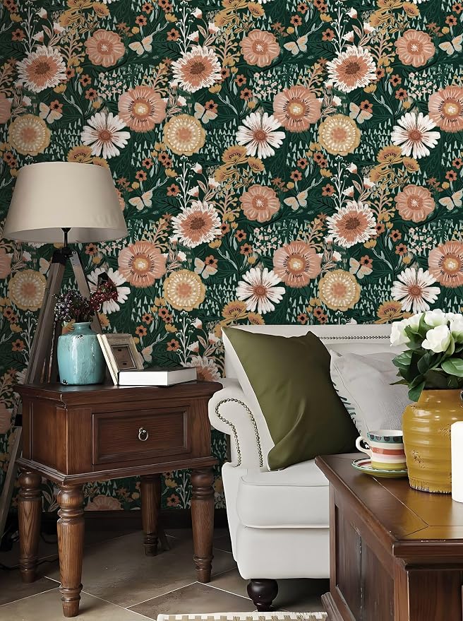 Boho Retro Dark Green Wallpaper Peel and Stick Wallpaper Vintage Floral Contact Paper 17.3''x362'' Bohemian Removable Wall Paper Renter Friendly Waterproof Wall Mural Bedroom Bathroom Vinyl
