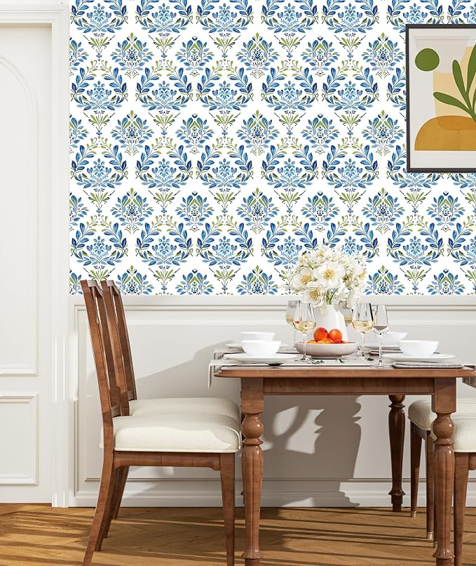 BOKEBEVE Boho Floral Peel and Stick Wallpaper Blue White 17.5 x 118In | Leaf Contact Paper Modern Symmetry Wall Paper for Bedroom Accent Walls Laundry Nursery Pantry Renter Friendly Removable