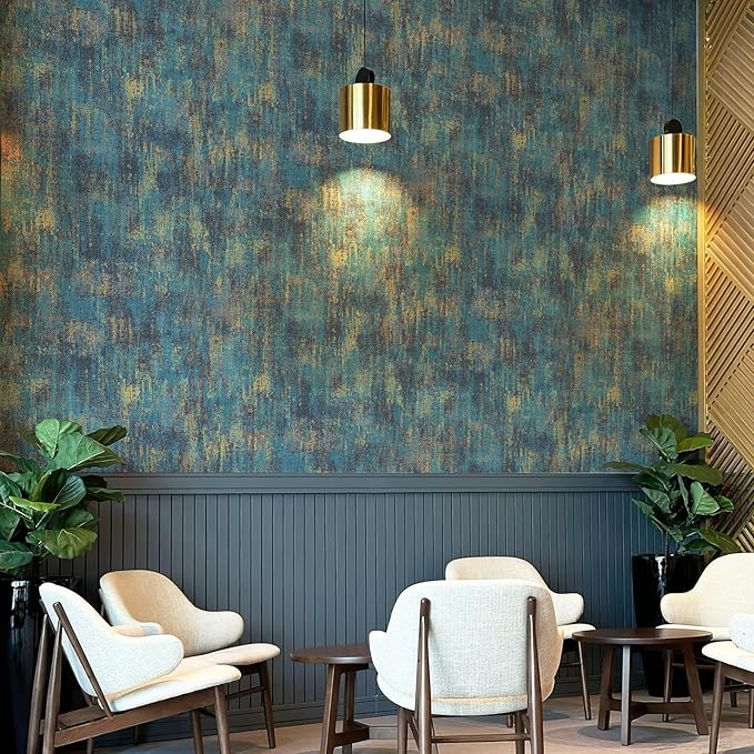 JiffDiff Vintage Metallic Peel and Stick Wallpaper Industrial Metallic Concrete Wall Paper Modern Stick on Wallpaper Self Adhesive Contact Paper(17.3" x 800" Blue Gold)