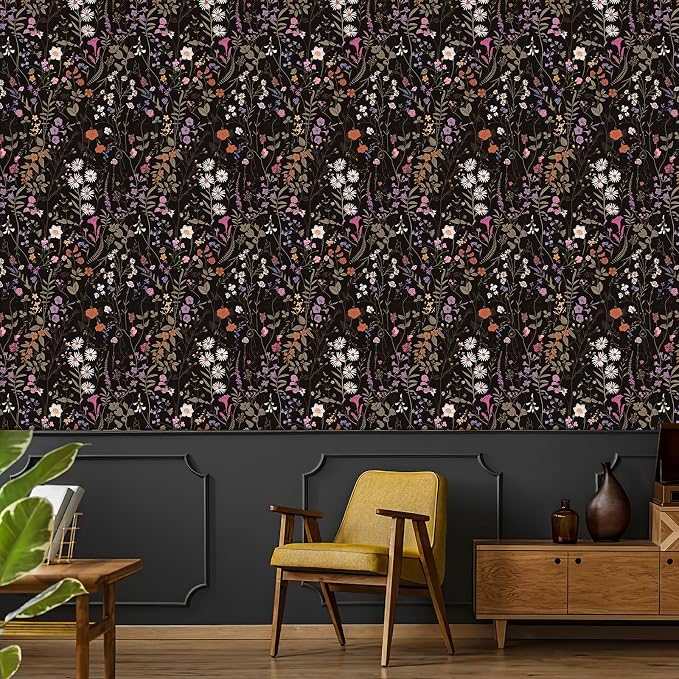 JiffDiff Floral Wallpaper Peel and Stick- 1181" x 17.3" Farm Wildwood Self Adhesive Wall Paper Daisy Flower Contact Paper Dark Floral Stick On Wallpaper