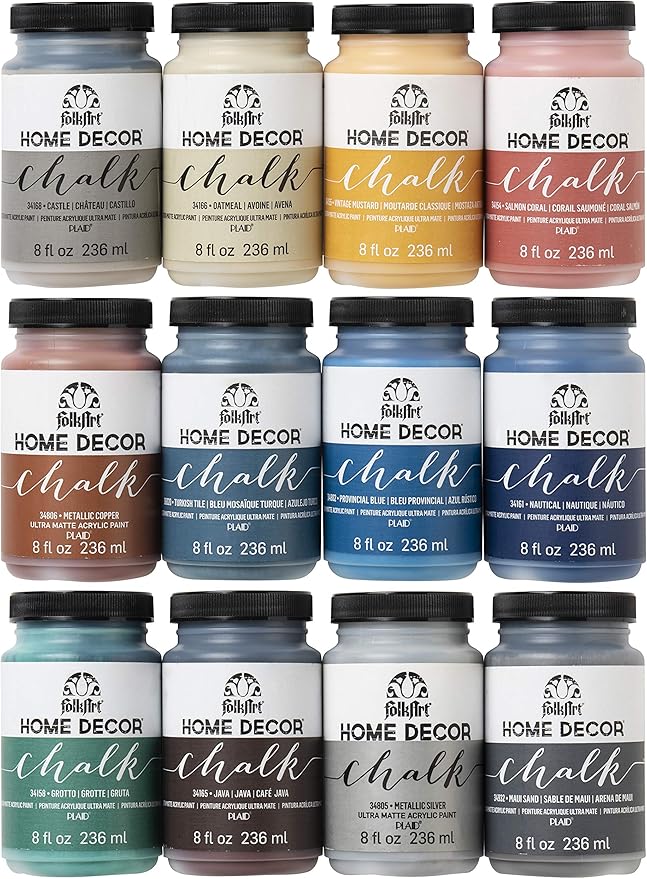 FolkArt Home Decor Ultra Matte Chalk Finish Acrylic Craft Paint Set Formulated for No-Prep Application, Designed for Beginners and Artists 8 Fl Oz (Pack of 12)