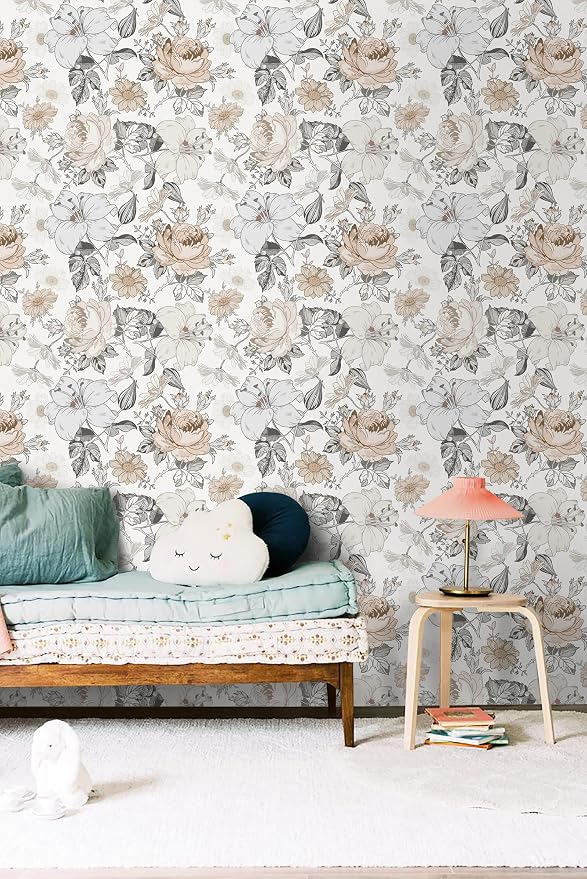 Hopepak 15.5''x787'' Floral Peel and Stick Wallpaper Modern Contact Paper Vinyl Self Adhesive Removable Wall Paper for Bedroom Nursery Living Room Mural Decorative