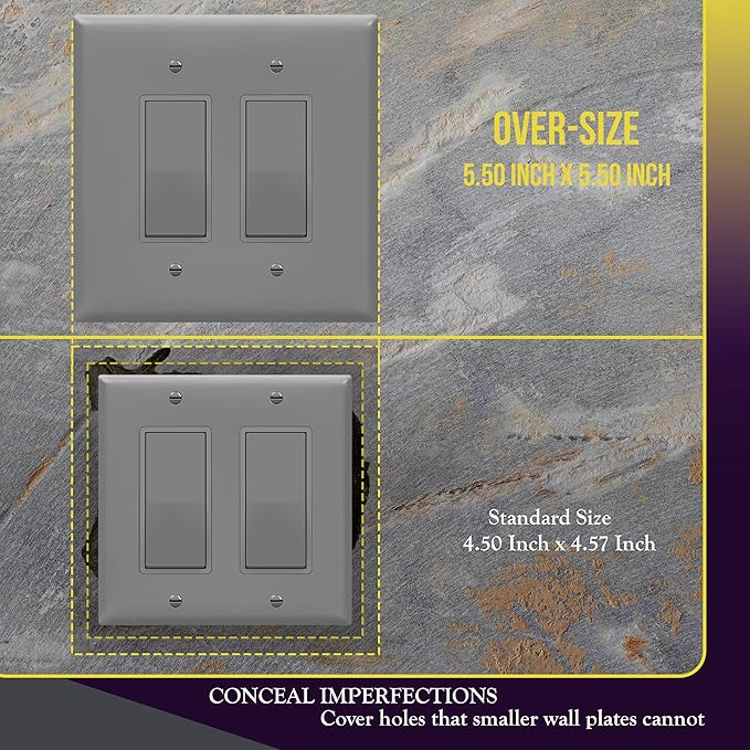 ENERLITES Double Decorator Switch Cover, Two Gang Outlet Wall Plate, Gloss Finish, Oversized 2-Gang 5.50" x 5.50", Unbreakable Polycarbonate Thermoplastic, UL Listed, 8832O-GY, Gray