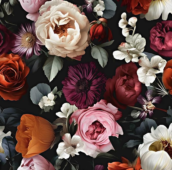 Vintage Black Red Rose Floral Peel and Stick Wallpaper 17.5"x197" | Self Adhesive/Removable/Waterproof/Thick Vinyl Contact Paper for Bathroom Bedroom Shelf Cabinet Drawer,Prepasted,Easy Peel