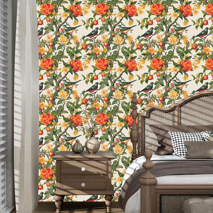 Danodoi Orange Vintage Bird and Stick Wallpaper 17.5" x 393" | Waterproof Vinyl Self Adhesive Removable Renter Friendly Floral Contact Paper