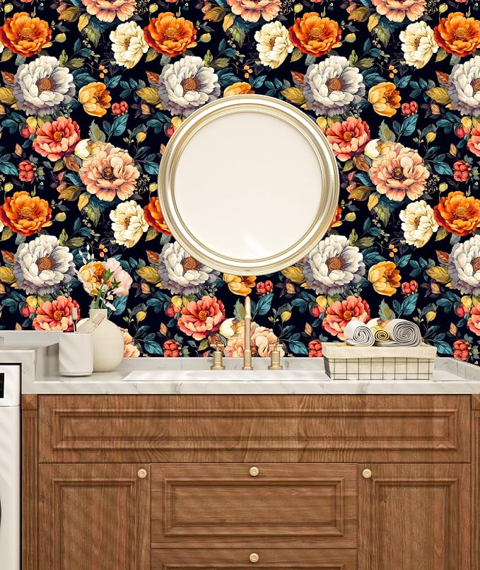 BOKEBEVE Floral Wallpaper Peel and Stick Boho Colorful Black 17.5 x 393.5In | Extra Long Removable Renter Friendly Vintage Floral Wall Paper for Bedroom Bathroom Cabinet Drawer Feature Accent Wall