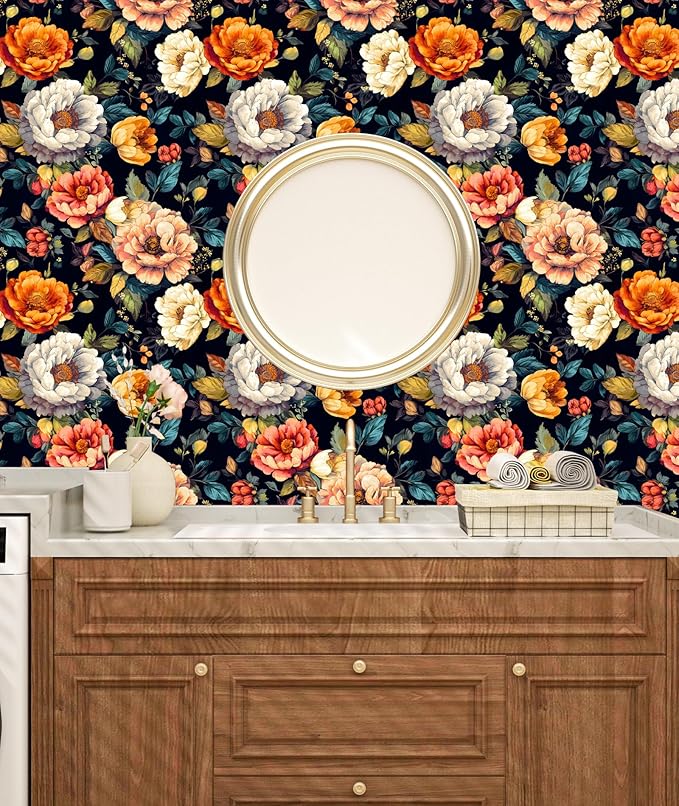 BOKEBEVE Floral Wallpaper Peel and Stick Boho Colorful Black 17.5 x 118In | Removable Self Adhesive Renter Friendly Vintage Floral Wall Paper for Bedroom Bathroom Cabinet Drawer Feature Accent Wall