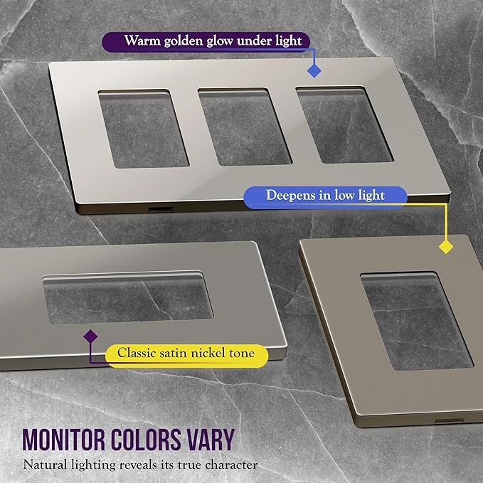 ENERLITES Elite Series Screwless Decorator Wall Plate Child Safe Outlet Cover, Glossy, Size 1-Gang 4.68" H x 2.93" L, Unbreakable Polycarbonate Thermoplastic, SI8831-NK-10PCS, Nickel (10 Pack)