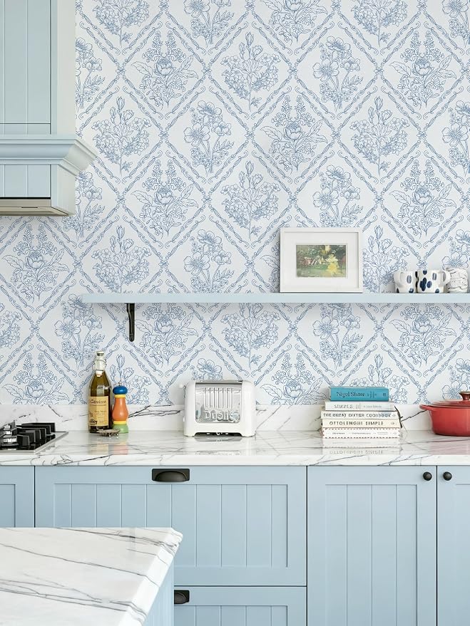 Toduso Peel and Stick Wallpaper Vintage Wall Paper Blue and White Contact Paper Floral Removable Wallpaper for Bathroom Bedroom Flower Waterproof Self Adhesive Vinyl Drawer Decor 17.3"x393.7"