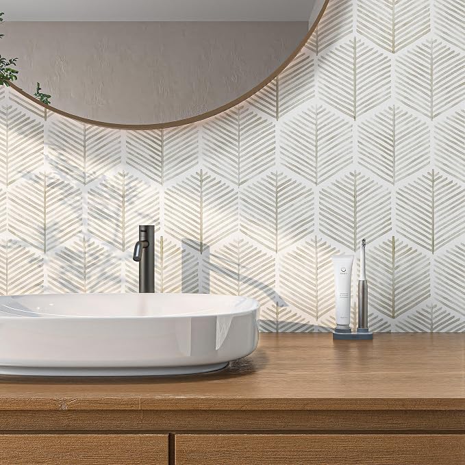 MelunMer Geometric Peel and Stick Wallpaper Boho Beige White 17.3''×591'' | Beige Modern Self Adhesive Removable Wallpaper for Bathroom Waterproof Cabinets Drawer, Decor Easy to Install Renter Friendly