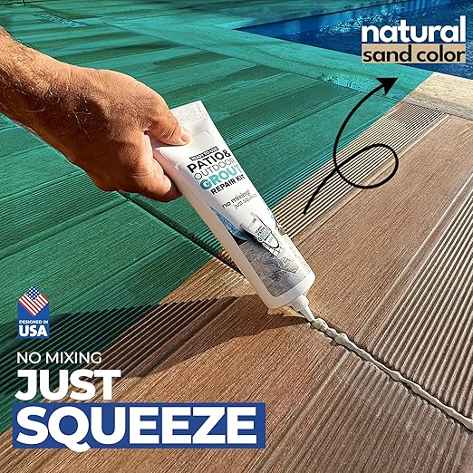 PentaUSA Outdoor Grout - Premixed Patio Grout in a Tube, Ready to Use Polymeric Sand for Pavers, Repairs Stone Joints, Driveways, Entryways, Gardens - Includes Grout Float (14oz / Natural Sand Color)