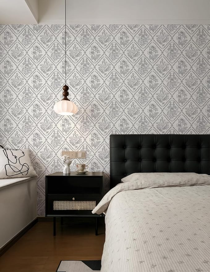 Toduso Peel and Stick Wallpaper Vintage Wall Paper Black and Cream White Contact Paper Neutral Removable Wallpaper for Kitchen Bathroom Bedroom Floral Waterproof Self Adhesive Vinyl 17.3"x78.7"