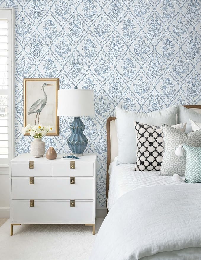 Toduso Peel and Stick Wallpaper Vintage Wall Paper Blue and White Contact Paper Floral Removable Wallpaper for Bathroom Bedroom Flower Waterproof Self Adhesive Vinyl Drawer Decor 17.3"x196.8"