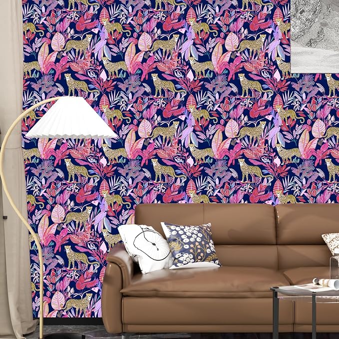Purple Vintage Leopard Peel and Stick Wallpaper 17.5" x 393" | Waterproof Vinyl Self Adhesive Removable Renter Friendly Floral Contact Paper