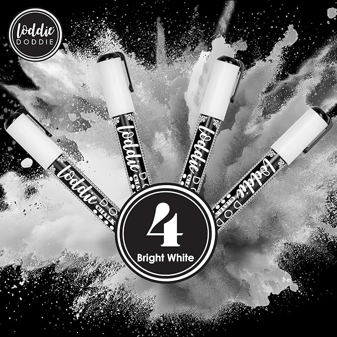 Loddie Doddie Liquid Chalk Markers - Pack of 4, 6 mm Tip, White - Chalk Pens for Blackboard & Glass Surfaces - Erasable Window & Mirror Markers