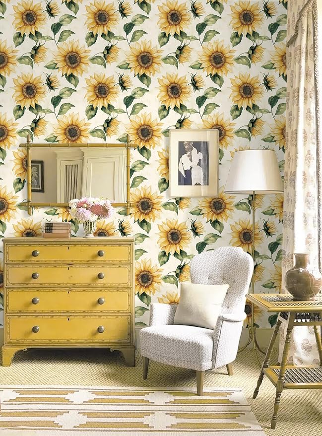 Yasinet Sunflower Peel and Stick Wallpaper Boho Floral Wallpaper Yellow Vintage Contact Paper for Bedroom Cabinets Farmhouse Waterproof Removable Self-Adhesive Wall Paper for Wall Vinyl 17.3''×78.7''