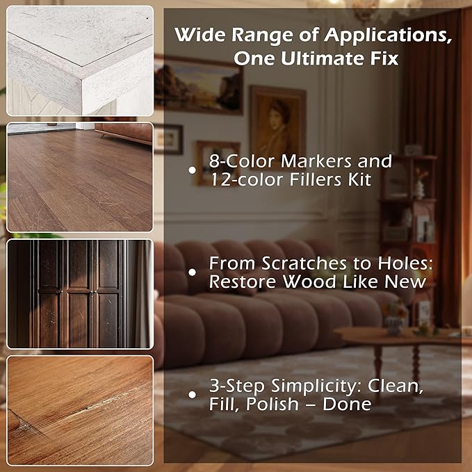 Oriflame Wood Furniture Repair Kit: 12-Color Filler and 8-Color Markers - Wood Touch Up for Scratches/Cracks/Holes/Stains in Floors/Table/Cabinets(Hardwood/Laminate) (Colorful)