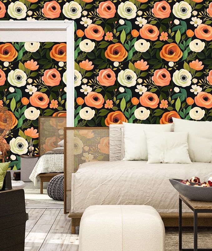 Danodoi Orange Green Vintage Floral Peel and Stick Wallpaper 17.5" x 118" | Waterproof Vinyl Self Adhesive Removable Renter Friendly Floral Contact Paper