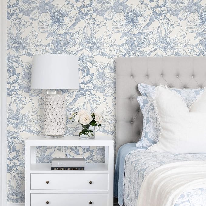 Ismoon Vintage Floral Wallpaper Peel and Stick Beige and Blue Contact Paper 17.3inx32.75ft Removable Self Adhesive Wall Paper for Bathroom Bedroom Cabinet Mural Wall Decor Vinyl Renter Friendly